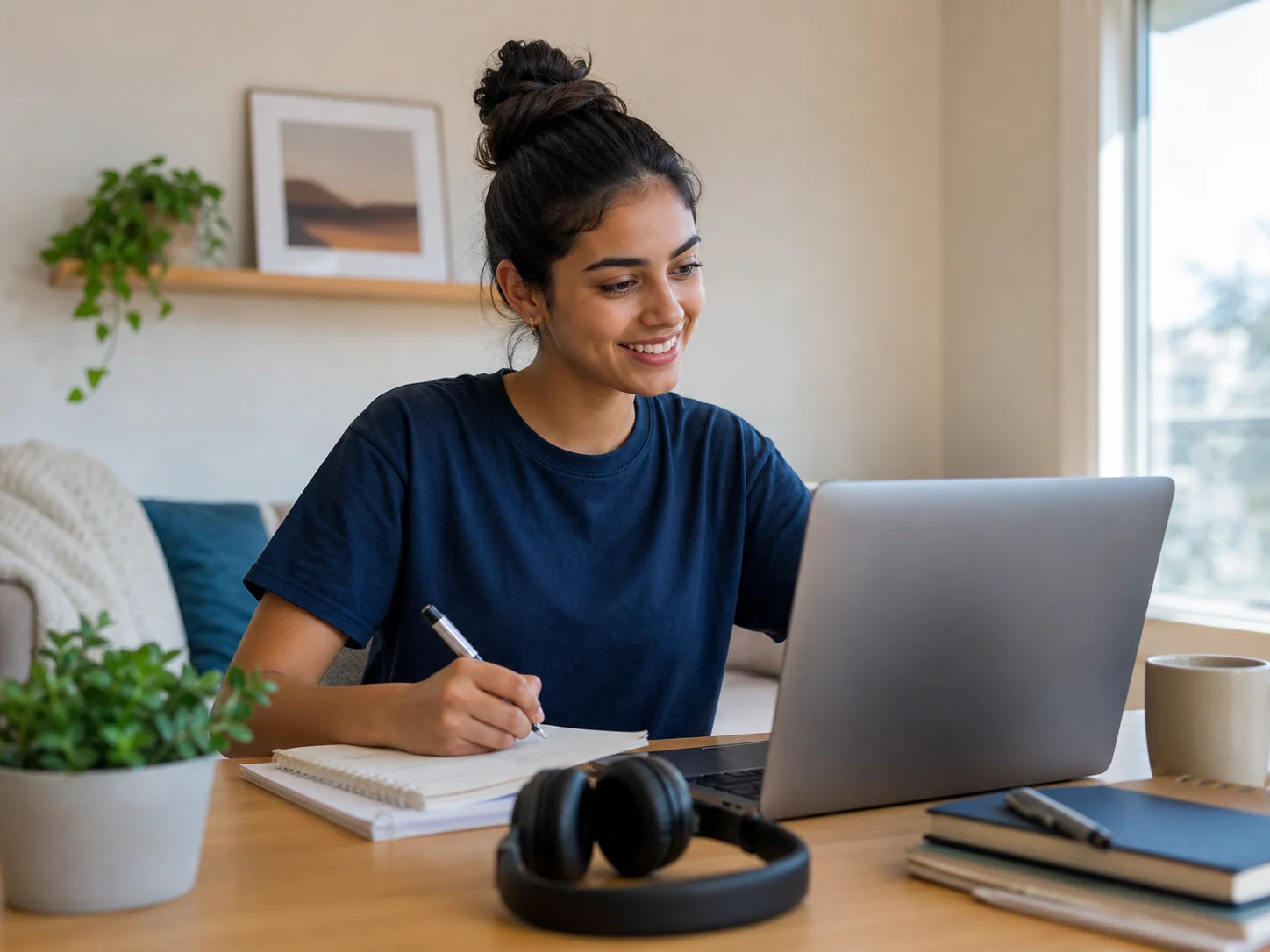 Estudante sorrindo enquanto estuda no notebook em casa