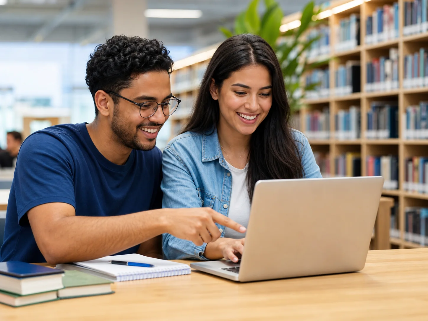 Dois estudantes sorrindo e colaborando em um notebook na biblioteca